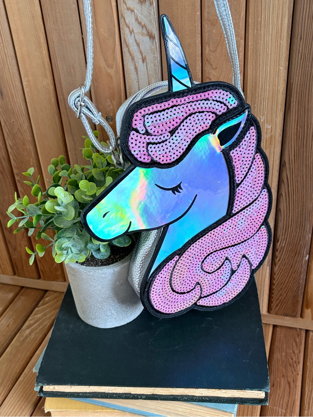 JUSTICE Iridescent Unicorn Sequin Crossbody Bag | Silver + Pink Holographic
